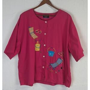 Vtg Raindance Plus Novelty Blouse Womens 2X Pink Beach Vacation Summer Colorful